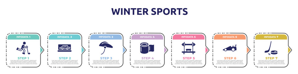 winter sports concept infographic design template. included bowman, backup car, bike helmet, elastic handwraps, bench press, drag racing, puck icons and 7 option or steps.