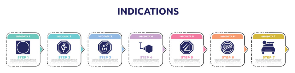 Fototapeta premium indications concept infographic design template. included circle inside square, school zone, throw to the bin, shield, walking downstairs, food not allowed, car rental icons and 7 option or steps.