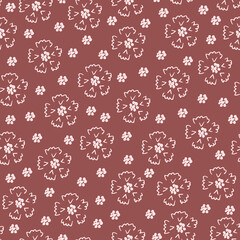 Simple floral vector seamless pattern. Pink light flowers on a marsala color background. For fabric prints, textiles, clothing. Spring-summer collection.