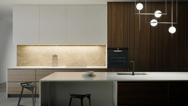 Modern minimalist kitchen. 3d animation of the kitchen.