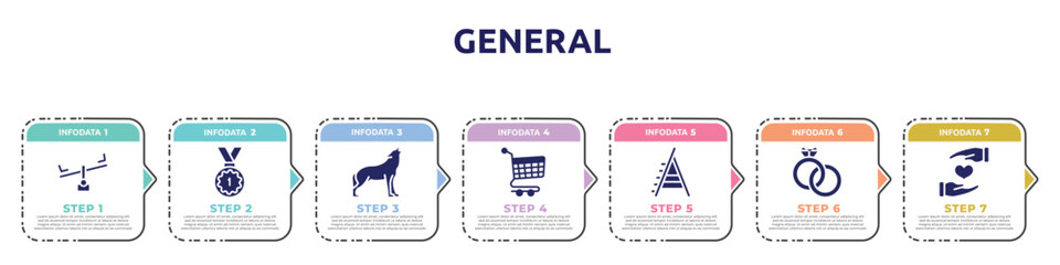 general concept infographic design template. included balancer, number one medal, wolf howling, shopping trolley, stepladder, interlocking rings, heart between hands icons and 7 option or steps.