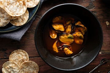 Pickled mussels. Typical tapa of Spanish cuisine.