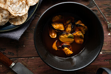 Pickled mussels. Typical tapa of Spanish cuisine.