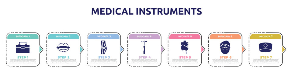 medical instruments concept infographic design template. included organ container, sil, orthopedics, neurology reflex hammer, iv, forehead, doctor cap icons and 7 option or steps.