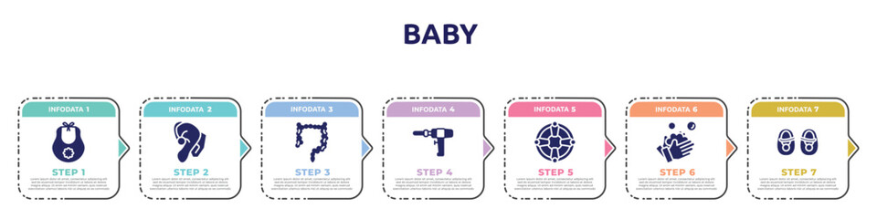 baby concept infographic design template. included baby bib, hearing aid, intestine, medical drill, life saver, washing hand, baby shoes icons and 7 option or steps.