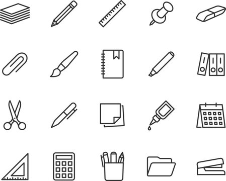 Vector set of stationery line icons. Contains icons paper, pen, pencil, eraser, scissors, glue, folder, stapler, paper clip and more. Pixel perfect.