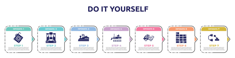 do it yourself concept infographic design template. included roulette with button, derrick with box, wood brush tool, excavator side view, construction materials transport, constructing a brick