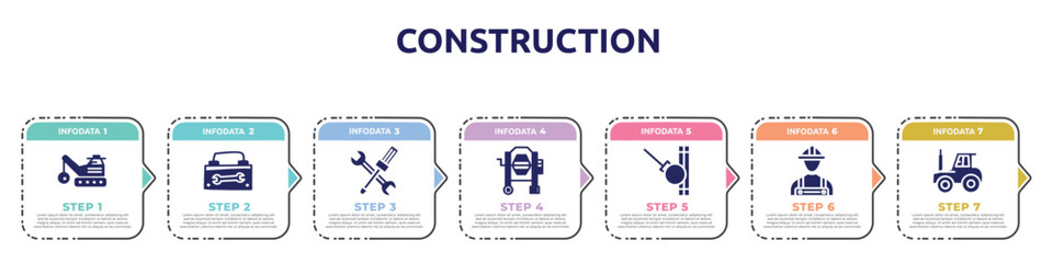 construction concept infographic design template. included derrick with ball, toolbox hand drawn tool, wrench and screwdriver cross, concrete mixer tool, demolishing ball, constructor hand drawn