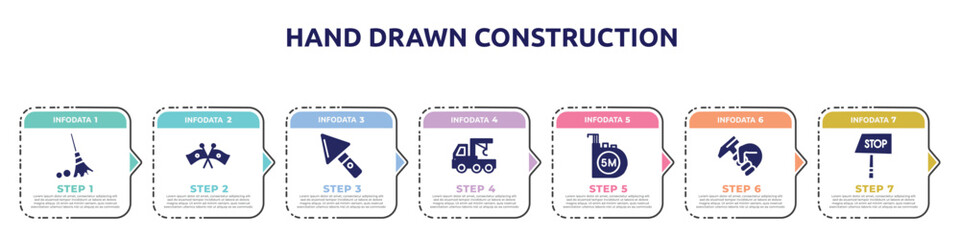 hand drawn construction concept infographic design template. included sweeping broom, flags crossed, construction palette, truck with crane, five meters ruler, hammer in hand, stop hand drawn icons