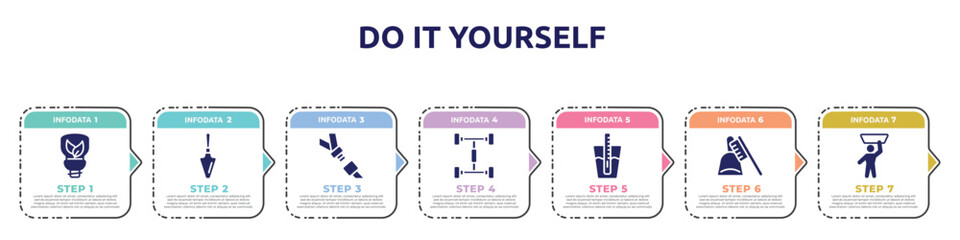 do it yourself concept infographic design template. included ecologic light bulb, garden palette, seatbelt, chassis, tester, dustpan and brush, man icons and 7 option or steps.
