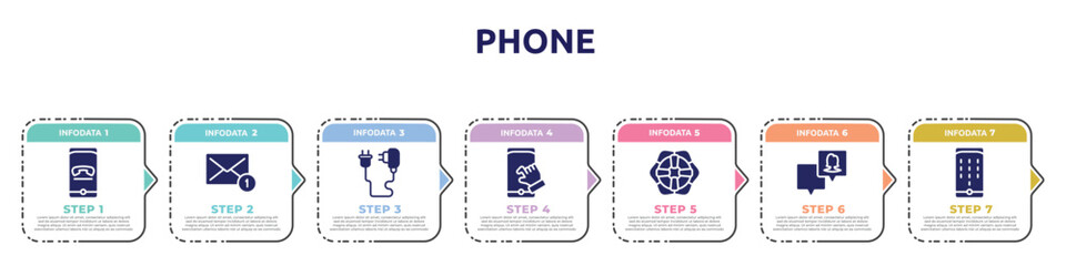 phone concept infographic design template. included hang, new message, phone charger, pinch, lifeguard, followers, dial pad icons and 7 option or steps.
