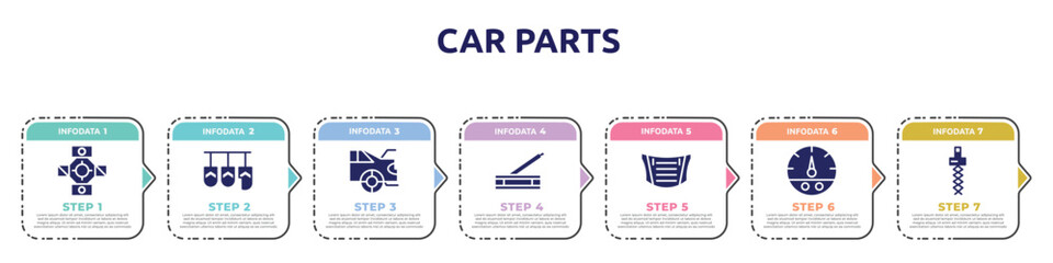 car parts concept infographic design template. included car universal joint, car pedal, boot, handbrake, bonnet, fuel gauge, coil icons and 7 option or steps.