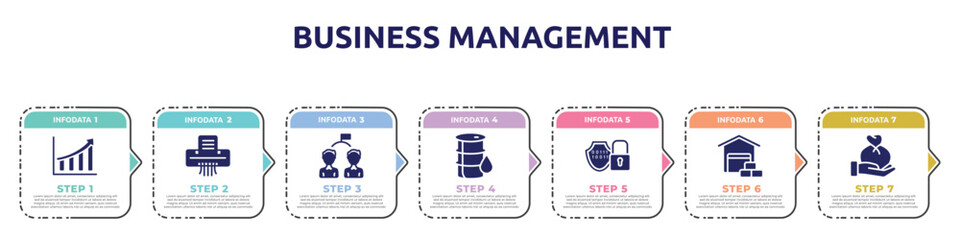 business management concept infographic design template. included rise, paper shredder, competitor, oil barrel, encryption, wholesaler, wage icons and 7 option or steps.
