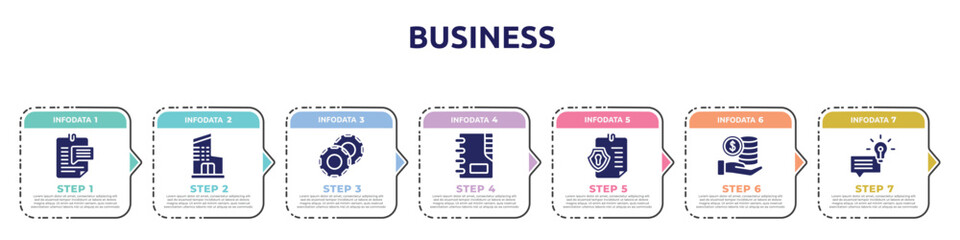 business concept infographic design template. included enquiry, department, casino chip, contact list, permission, stack, suggestion icons and 7 option or steps.