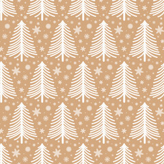 Christmas seamless pattern, monochrome, fir trees and snowflakes.Vector illustration in simple flat doodle style. White pattern on a craft background of a square shape. Gift paper, fabric print, cover