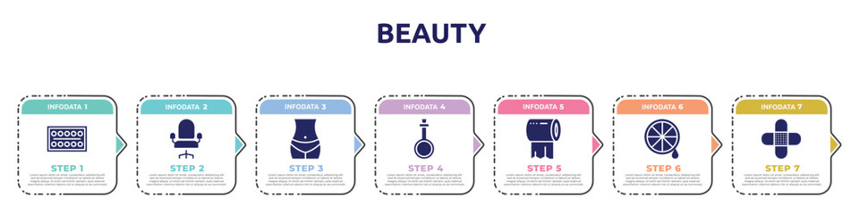 beauty concept infographic design template. included paints, salon chair, bellybutton, potions, tissue paper, lemon juice, band aid icons and 7 option or steps.