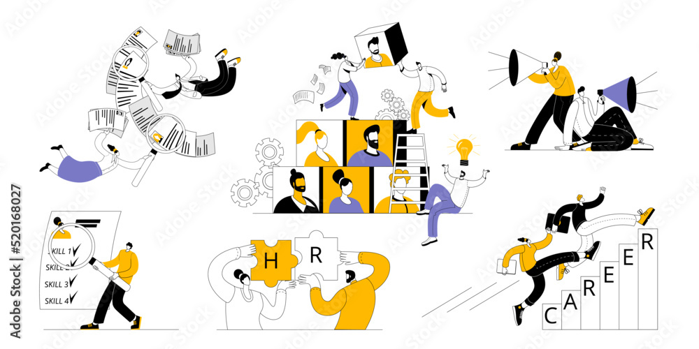 Poster the hr department forms a team. a set of vector illustrations on the topic of team building and huma