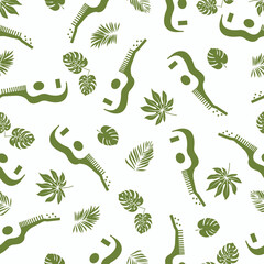 illustration consisting of ukulele and palm leaves in the form of a seamless pattern