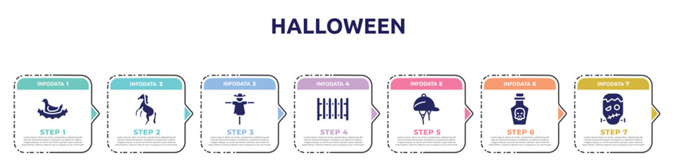 halloween concept infographic design template. included bird in nest, wild horse, scarecrow, garden fence, hat for a jockey, poison, frankenstein icons and 7 option or steps.