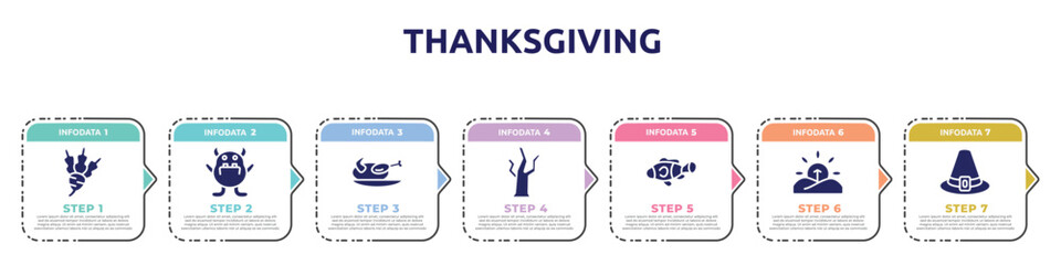 thanksgiving concept infographic design template. included beet, monster, turkey, dead tree, clown fish, sunrise, pirim icons and 7 option or steps.