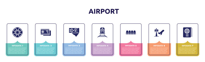 airport concept infographic design template. included life bouy, beach postcard, airplane tickets, streetcar, waiting room, airport, international passport icons and 7 option or steps.
