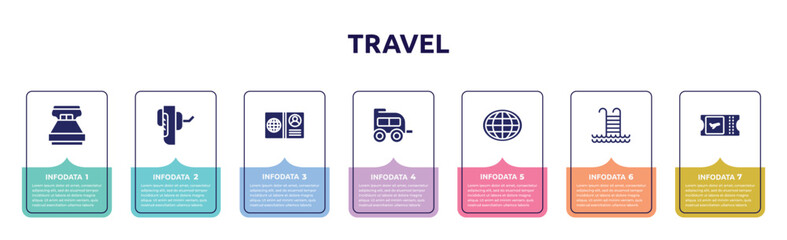 travel concept infographic design template. included king size, breathalyzer, open passport, two window carriage, earth globe, swimming pool ladder, boarding card icons and 7 option or steps.