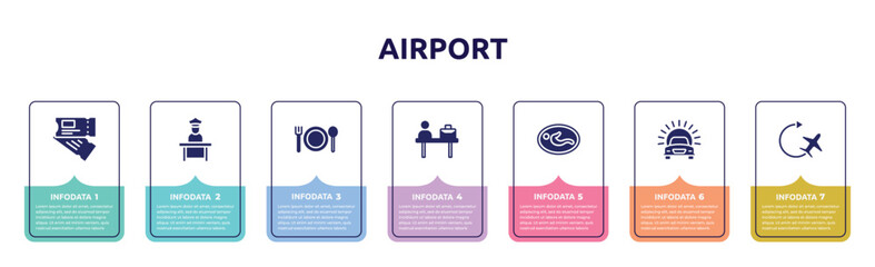 airport concept infographic design template. included airplane flight ticket, airport worker, plate with fork and knife cross, check in desk, nursing room, car in front of the sun, airplane icons
