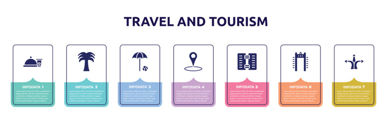 travel and tourism concept infographic design template. included snacks, coconut trees, beach umbrella and beach ball, place point, wine menu, airport security portal, directions arrows icons and 7
