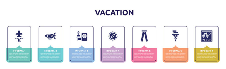 vacation concept infographic design template. included airplanes and arrows, blimp, passport control, round compass, ripped jeans, icecream cone, vacation images icons and 7 option or steps.