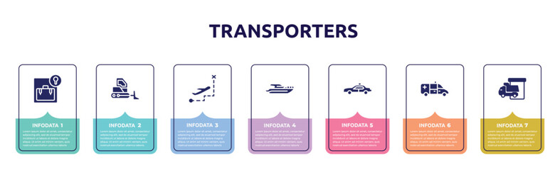 transporters concept infographic design template. included left luggage, bulldozer side view, direct flight, yacht side view, police car side view, ambulance loading/unloading area icons and 7
