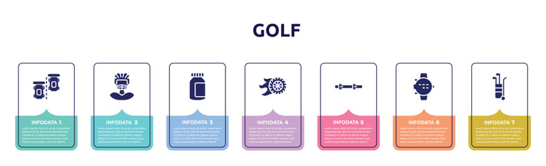golf concept infographic design template. included parade lap, rugby player, energy bar, burnout, diving belt, dive computer, golf caddy icons and 7 option or steps.