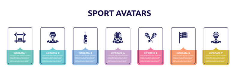 sport avatars concept infographic design template. included bench press, hockey player, isotonic, fencer, lacrosse, black flagged, cyclist icons and 7 option or steps.