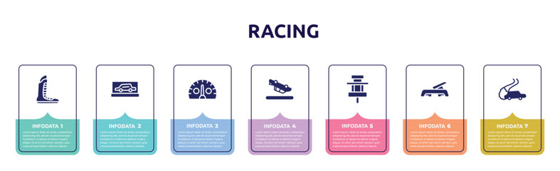 racing concept infographic design template. included boxing shoe, backup car, kmh, blowover, paddock, fitness step, drifting icons and 7 option or steps.