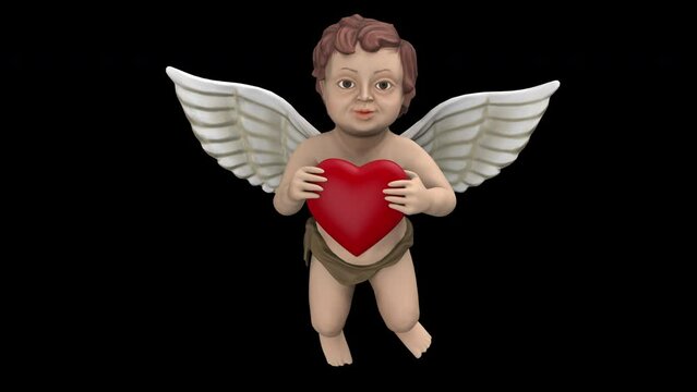 Flying angel with red heart - 3d render looped with alpha channel.