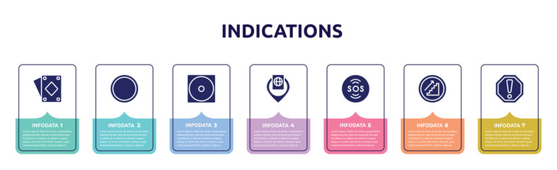indications concept infographic design template. included , empty circle, dry low heat, inmigration check point, sos warning, upstairs, caution icons and 7 option or steps.