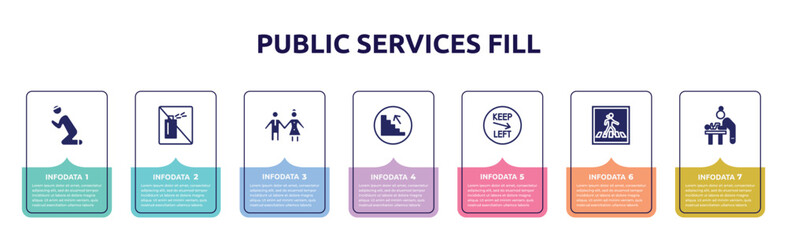 public services fill concept infographic design template. included praying, no can, girl and boy, upstairs, keep left, pedestrian crossing, baby changer icons and 7 option or steps.