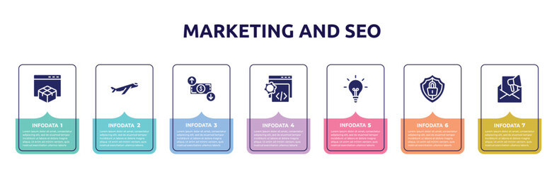 marketing and seo concept infographic design template. included web package, inc, dollar rates, custom coding, lightbulb black tool shape, big protection shield, marketing email icons and 7 option