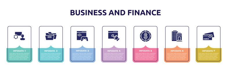 business and finance concept infographic design template. included marketing seminar, two black folders, game developing, web cursor, big dollar coin, federal bank, icons and 7 option or steps.