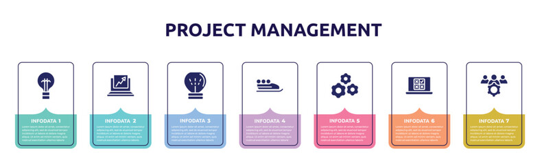 project management concept infographic design template. included black lightbulb, trending, lightbulb gross, bobsleigh, wheel with cogs, on, team management icons and 7 option or steps.