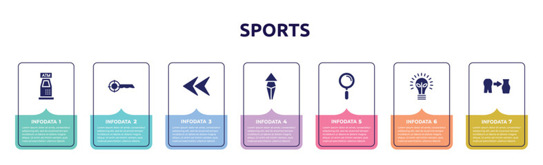 sports concept infographic design template. included atm hine, keywords, left arrow head, arrows up, magnifier tool, ecological lightbulb, weight loss icons and 7 option or steps.