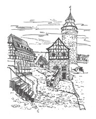 Travel sketch of Nuremberg, Germany. Freehand drawing. Hand drawn travel postcard. Urban sketch in black color isolated on white background. Historical building, castle, medieval houses line art.