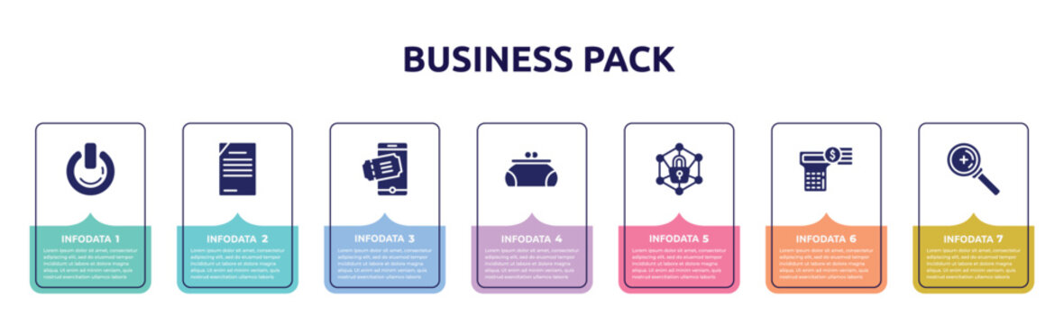 business pack concept infographic design template. included on power, content management, eticket, women puser, private network, account balance, zoom or search icons and 7 option or steps.