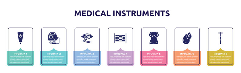 medical instruments concept infographic design template. included baby cream, defibrillator, contact lens, road block, augmentation, type a, neurology reflex hammer icons and 7 option or steps.