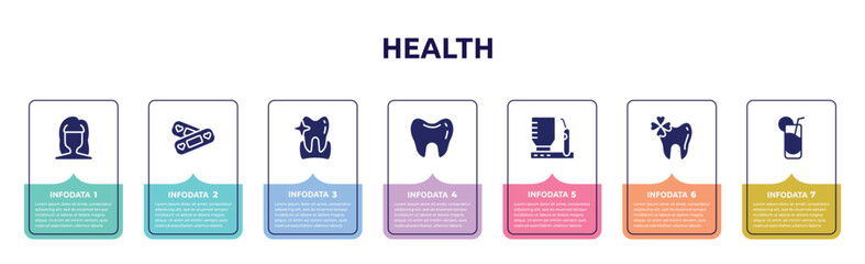 health concept infographic design template. included woman dark long hair shape, lovely aid band, whitening, teeth black shape, dental irrigator, trebol, fresh soda glass icons and 7 option or