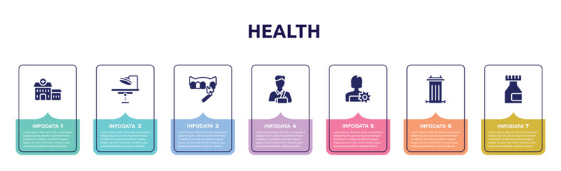 health concept infographic design template. included health center, operating room, veneer, broken arm, woman with flower, recycle bin container, medicine flask icons and 7 option or steps.