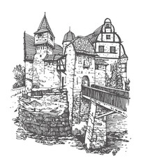 Sketch illustration of german medieval castle, Germany, Europe. Freehand drawing. Sketchy line art drawing with a pen on paper. Hand drawing. Urban sketch in black color on white background.