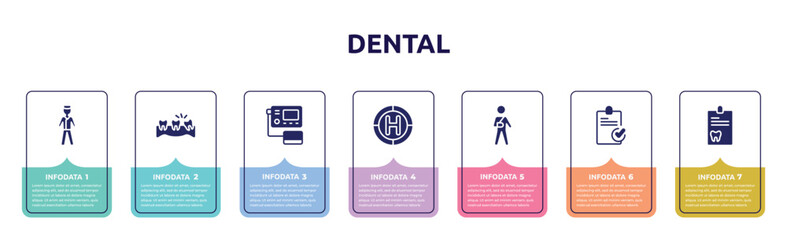 dental concept infographic design template. included male surgeon wearing uniform, misaligned, blood pressure gauge, heliport, wounded man, stais, dental record icons and 7 option or steps. - obrazy, fototapety, plakaty