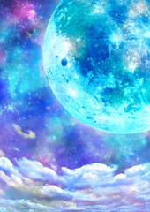 キラキラの星空と雲と水色の月