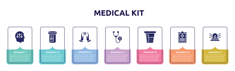 medical kit concept infographic design template. included manipulation, antidepressants, reiki, phonendoscope, urine test, medical result, ambulance lights icons and 7 option or steps.