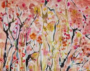 Sakura landscape. The dabbing technique near the edges gives a soft focus effect due to the altered surface roughness of the paper.